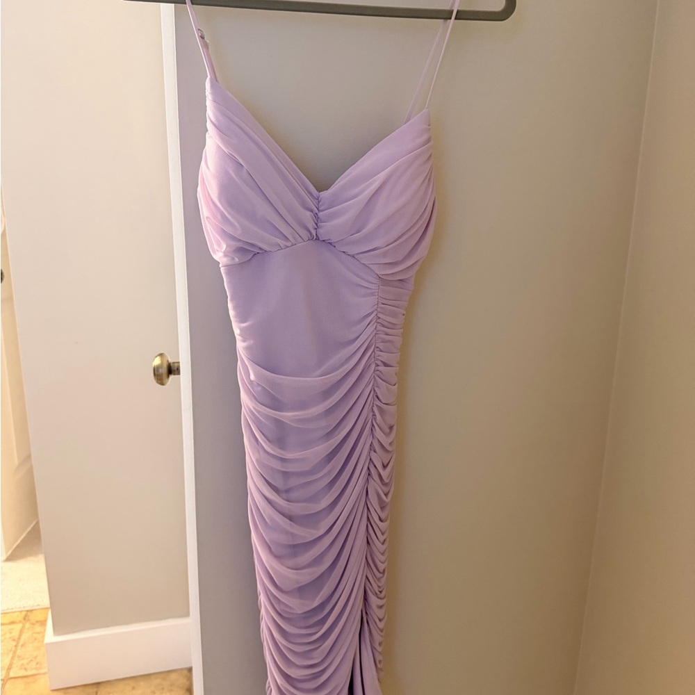 Lulu's Lilac Ruched Spaghetti-Strap Midi Dress